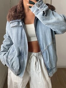DAZY Women's Fur Collar Patchwork Loose Denim Padded Coat Fall Jacket - Light Wash - View 7