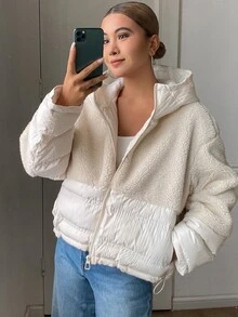 DAZY 女款寬鬆版型毛邊連帽填充外套，都市休閒風冬季日常外出穿搭，奶油白 - 米色 - 查看 3
