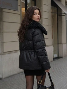 DAZY Women's Fur Collar Patchwork Elegant Urban Casual Loose Padded Coat Fall - Black - View 10
