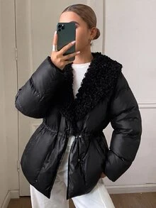 DAZY Women's Fur Collar Patchwork Elegant Urban Casual Loose Padded Coat Fall - Black - View 13