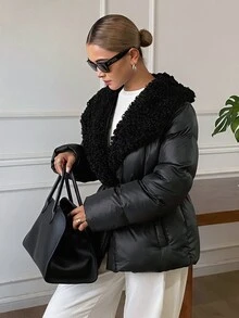 DAZY Women's Fur Collar Patchwork Elegant Urban Casual Loose Padded Coat Fall - Black - View 6