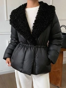 DAZY Women's Fur Collar Patchwork Elegant Urban Casual Loose Padded Coat Fall - Black - View 11