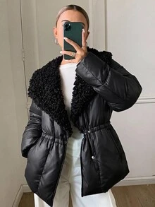 DAZY Women's Fur Collar Patchwork Elegant Urban Casual Loose Padded Coat Fall - Black - View 1
