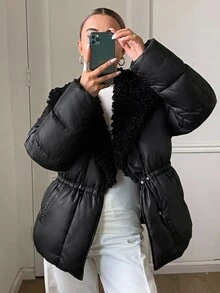 DAZY Women's Fur Collar Patchwork Elegant Urban Casual Loose Padded Coat Fall - Black - View 4