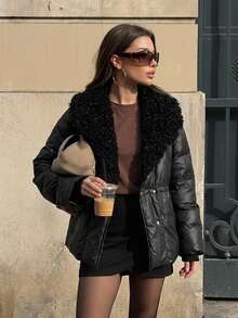 DAZY Women's Fur Collar Patchwork Elegant Urban Casual Loose Padded Coat Fall - Black - View 14