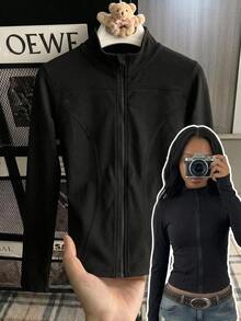 SHEIN Tween Girls Knit Black Stand Collar Long Sleeve Open Front Autumn Jacket - Black - View 3