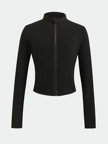 SHEIN Tween Girls Knit Black Stand Collar Long Sleeve Open Front Autumn Jacket - Black - View 6