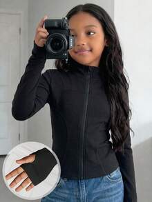 SHEIN Tween Girls Knit Black Stand Collar Long Sleeve Open Front Autumn Jacket - Black - View 2