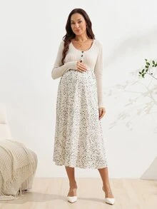 SHEIN Gaun Hamil Kasual Lengan Panjang Motif Bunga Kecil Kancing, Cocok untuk Kantor Formal Musim Gugur - Aprikot - View 3