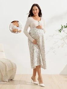 SHEIN Gaun Hamil Kasual Lengan Panjang Motif Bunga Kecil Kancing, Cocok untuk Kantor Formal Musim Gugur - Aprikot - View 8