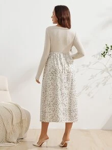 SHEIN Gaun Hamil Kasual Lengan Panjang Motif Bunga Kecil Kancing, Cocok untuk Kantor Formal Musim Gugur - Aprikot - View 2