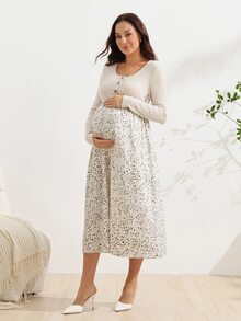 SHEIN Gaun Hamil Kasual Lengan Panjang Motif Bunga Kecil Kancing, Cocok untuk Kantor Formal Musim Gugur - Aprikot - View 6