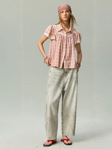 SHEIN Korean Style Soft Pink Plaid Turn-Down Collar Doll Blouse For Women, Lace Trim Puff Short Sleeve Loose Short Cropped Shirt, French Vintage Pleated Hem Slimming Youthful Petite Plaid Button-Up Top - Multicolor - View 7