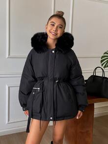DAZY Women's Button & Zipper Long Sleeve Hooded Padded Coat Winter Fall Jacket - Black - View 12