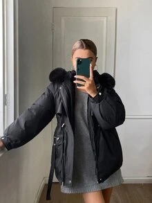 DAZY Women's Button & Zipper Long Sleeve Hooded Padded Coat Winter Fall Jacket - Black - View 7