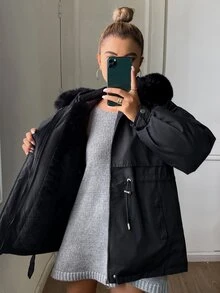 DAZY Women's Button & Zipper Long Sleeve Hooded Padded Coat Winter Fall Jacket - Black - View 8