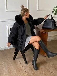 DAZY Women's Button & Zipper Long Sleeve Hooded Padded Coat Winter Fall Jacket - Black - View 6