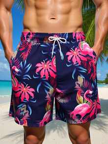 CoralVoy Men's Plus Size Tropical Plant Print Drawstring Waist Beach Shorts Holiday / Vacation / Beach / Hawaii / Tropical / Swim /  Bathing - Blue - View 5