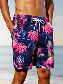 CoralVoy Men's Plus Size Tropical Plant Print Drawstring Waist Beach Shorts Holiday / Vacation / Beach / Hawaii / Tropical / Swim /  Bathing - Blue - View 4
