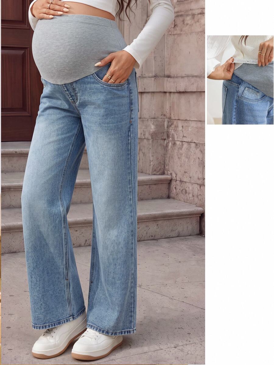 Momance Maternity Colorblock Adjustable Waist Casual Decent Denim Jeans Dates Formal Light Blue Summer - Medium Wash - View 1