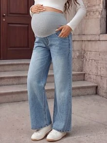 Momance Maternity Colorblock Adjustable Waist Casual Decent Denim Jeans Dates Formal Light Blue Summer - Medium Wash - View 7