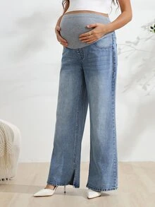 Momance Maternity Colorblock Adjustable Waist Casual Decent Denim Jeans Dates Formal Light Blue Summer - Medium Wash - View 3