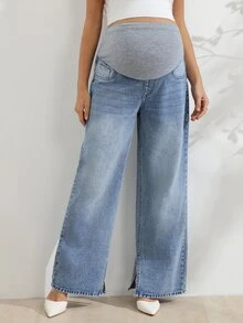 Momance Maternity Colorblock Adjustable Waist Casual Decent Denim Jeans Dates Formal Light Blue Summer - Medium Wash - View 5