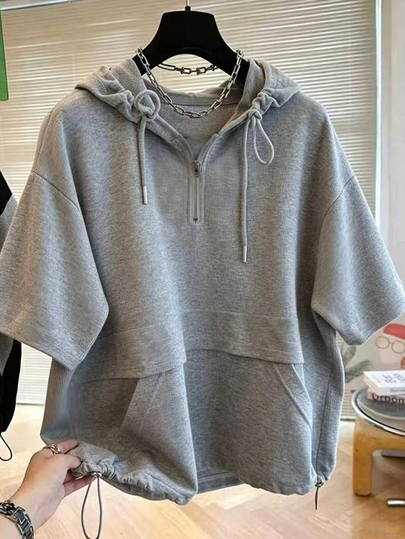 Resyla Women's Casual Versatile Solid Color Hooded Short Sleeve T-Shirt
