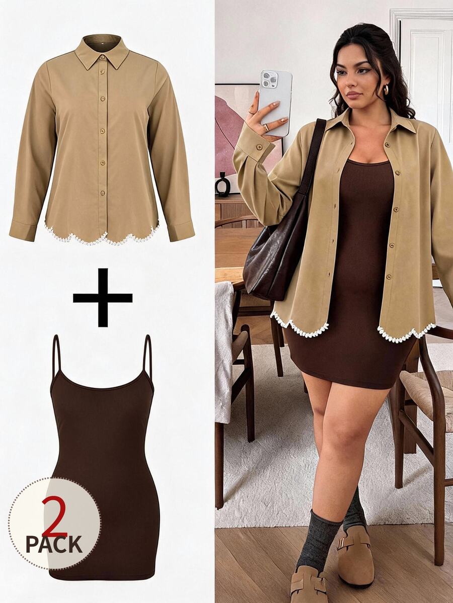 Lounesse Plus Size Women's Colorblock Long Sleeve Jacket And Solid Color Spaghetti Strap Dress Fashion Set Casual Daily Going Out Office Work Set Fall/Winter