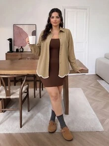 Lounesse Plus Size Women's Colorblock Long Sleeve Jacket And Solid Color Spaghetti Strap Dress Fashion Set Casual Daily Going Out Office Work Set Fall/Winter - Khaki - View 6