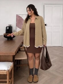 Lounesse Plus Size Women's Colorblock Long Sleeve Jacket And Solid Color Spaghetti Strap Dress Fashion Set Casual Daily Going Out Office Work Set Fall/Winter - Khaki - View 4