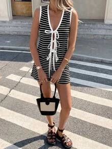 Easowa Black And White Striped Knit Textured Women's Top And Shorts 2 Pieces Set Old Money Style Sexy Coastal Modest Vacation Summer Beach Going Out - Black - View 8