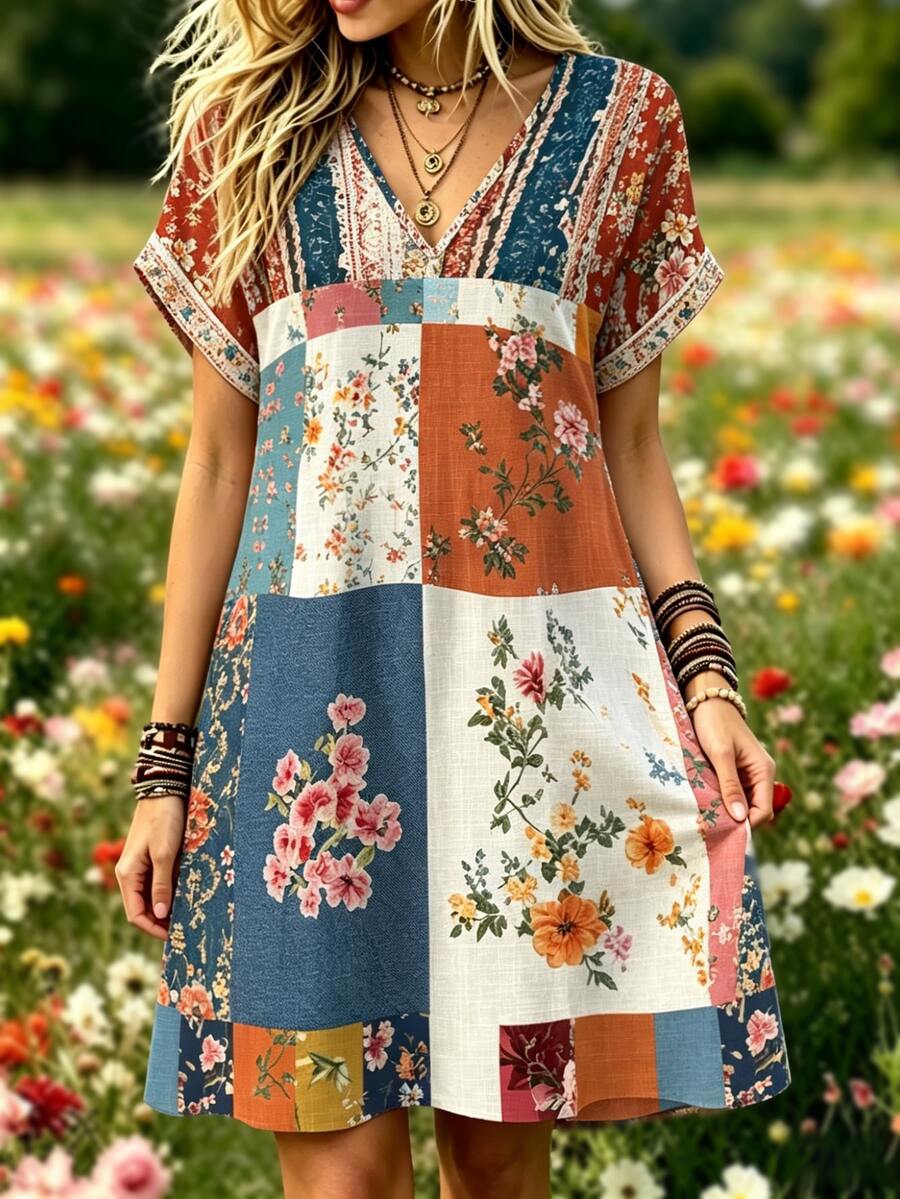 Selamara 波希米亞風仿拼接花卉印花短袖上衣,女款夏季度假休閒復古V領洋裝 - 彩色 - 查看 1