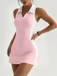 SHEIN Sports Women's 2pcs Golf Polo Dress Set,Contrast Color Collar,Side Panels,Racerback Sports Dress With Tight Pockets Shorts,Spring/Summer Tennis Running Gym - Pink - View 8