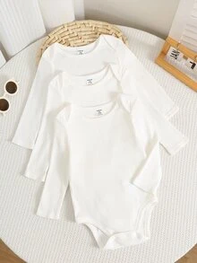 SHEIN 3件組男嬰秋季純色連身衣 - 白色 - 查看 10