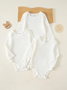 SHEIN 3件組男嬰秋季純色連身衣 - 白色 - 查看 3