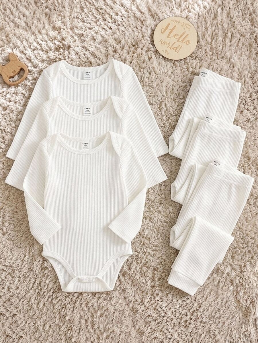 SHEIN 3 Potong Baju Terusan Bayi Laki-laki Motif Musim Gugur Polos - Putih - View 1