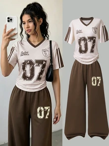 SHEIN Sparklyn 青少年女孩夏季休閒數位印花T恤與長褲2件組 - 彩色 - 查看 3