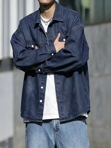 Manfinity Homme Men Cotton Flap Pocket Oversize Long Sleeve Button Up Plain Blue Denim Shirt Without Tee, For Going Out Going Out Work Commute Vacation Commute , Fall - Medium Wash - View 4