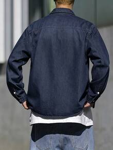 Manfinity Homme Men Cotton Flap Pocket Oversize Long Sleeve Button Up Plain Blue Denim Shirt Without Tee, For Going Out Going Out Work Commute Vacation Commute , Fall - Medium Wash - View 8