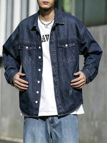 Manfinity Homme Men Cotton Flap Pocket Oversize Long Sleeve Button Up Plain Blue Denim Shirt Without Tee, For Going Out Going Out Work Commute Vacation Commute , Fall - Medium Wash - View 5