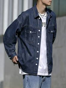 Manfinity Homme Men Cotton Flap Pocket Oversize Long Sleeve Button Up Plain Blue Denim Shirt Without Tee, For Going Out Going Out Work Commute Vacation Commute , Fall - Medium Wash - View 3