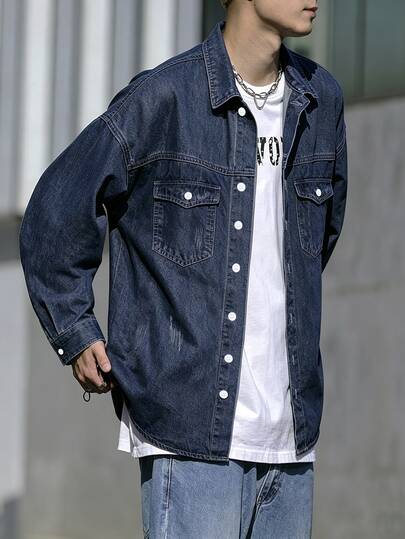 Manfinity Homme Men Cotton Flap Pocket Oversize Long Sleeve Button Up Plain Blue Denim Shirt Without Tee, For Going Out Going Out Work Commute Vacation Commute , Fall
