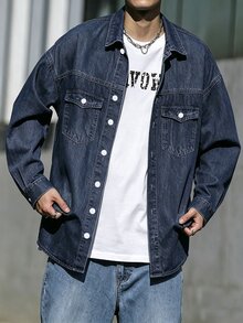 Manfinity Homme Men Cotton Flap Pocket Oversize Long Sleeve Button Up Plain Blue Denim Shirt Without Tee, For Going Out Going Out Work Commute Vacation Commute , Fall - Medium Wash - View 2