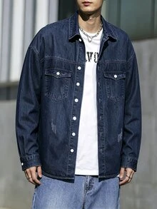 Manfinity Homme Men Cotton Flap Pocket Oversize Long Sleeve Button Up Plain Blue Denim Shirt Without Tee, For Going Out Going Out Work Commute Vacation Commute , Fall - Medium Wash - View 7