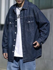 Manfinity Homme Men Cotton Flap Pocket Oversize Long Sleeve Button Up Plain Blue Denim Shirt Without Tee, For Going Out Going Out Work Commute Vacation Commute , Fall - Medium Wash - View 6