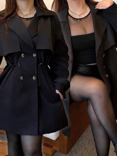 Vibekara Plus Size Women's Casual Commute French Elegant Black Woven Long Sleeve Trench Coat Fall