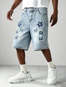 STEELVANCE European & American Unisex Embroidered Star Plus Size Denim Shorts - Blue - View 3