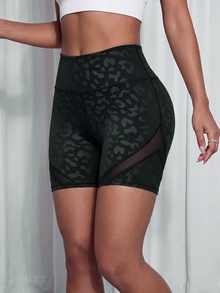 SHEIN Core Rhythm 豹紋運動瑜伽健身短褲 - 黑色 - 查看 3