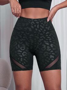 SHEIN Core Rhythm 豹紋運動瑜伽健身短褲 - 黑色 - 查看 5